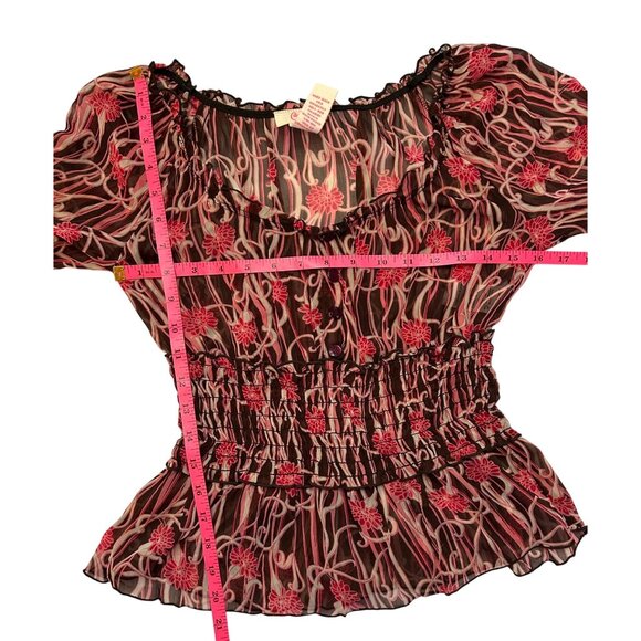 VTG Y2K Candies Womens M Babydoll Top Sheer Brown Pink Floral Fairy Whimsy - Picture 4 of 7